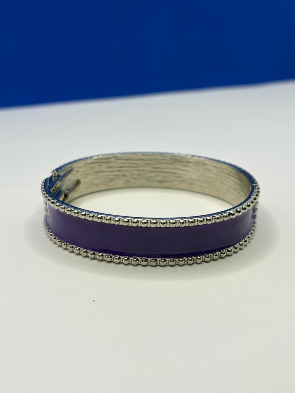 Purple Enamel Hinged Bangle Bracelet Silver Tone Beaded Trim Statement Jewelry